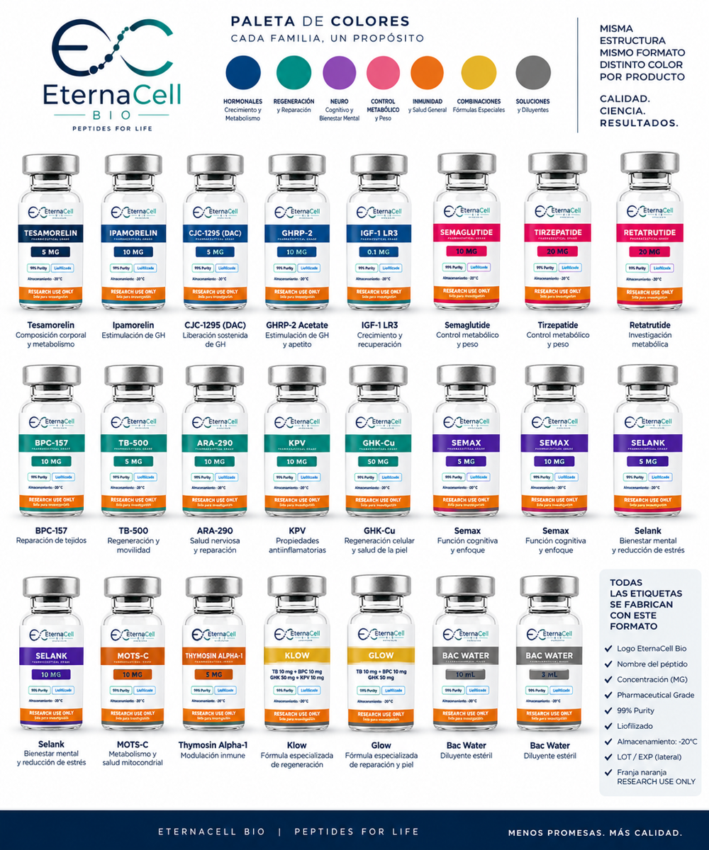 Lámina de la línea completa EternaCell Bio: los viales ordenados en tres filas con la banda de color de cada familia, desde los hormonales en azul hasta los diluyentes estériles en gris.